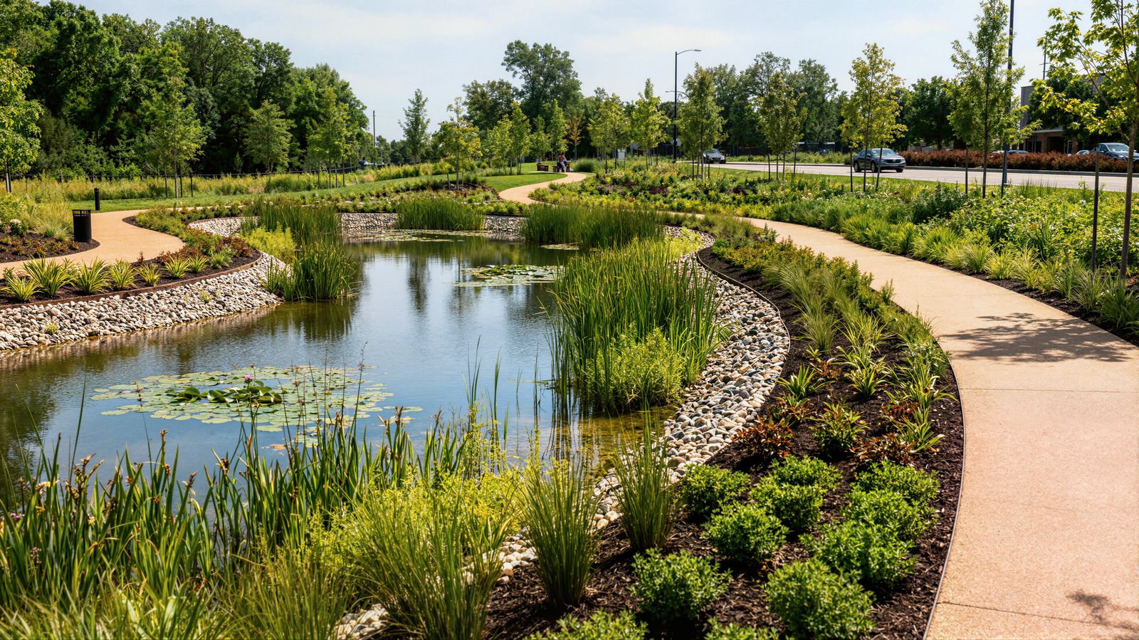 Public parkland with wetland planting, rock edging and pathways