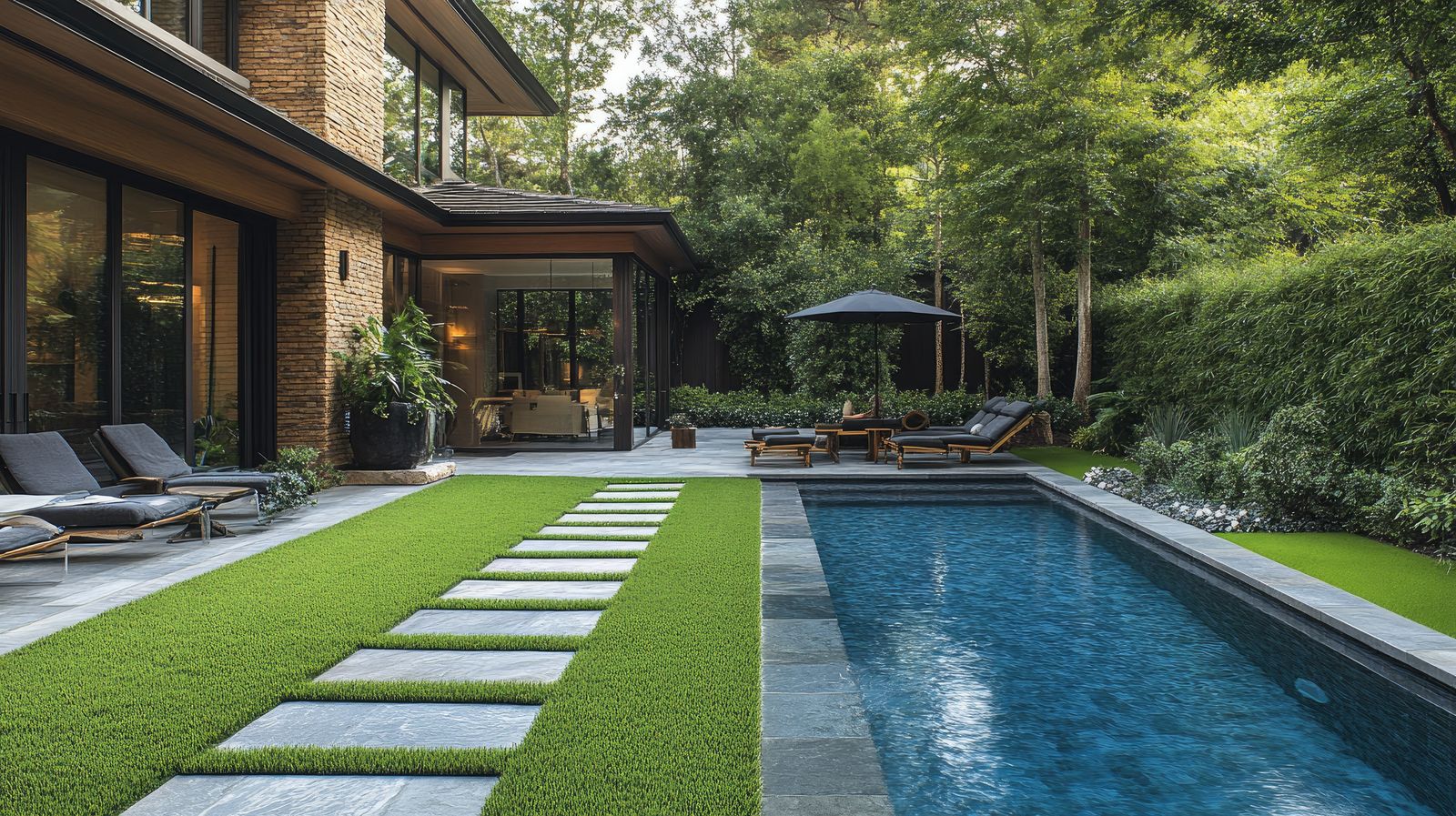 Residential pool landscape with stepping-stone path and turf